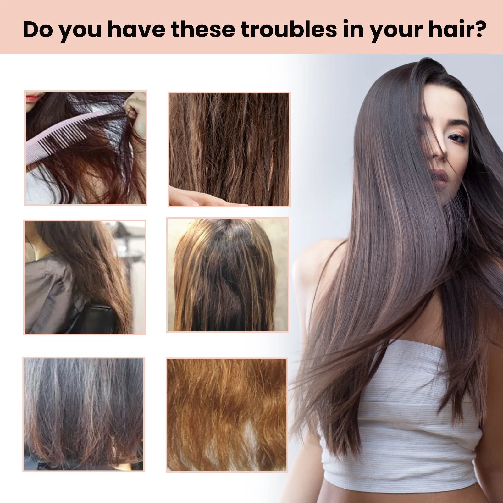 Long sleek straight hair with dark brown shine on a model, shoulder-length