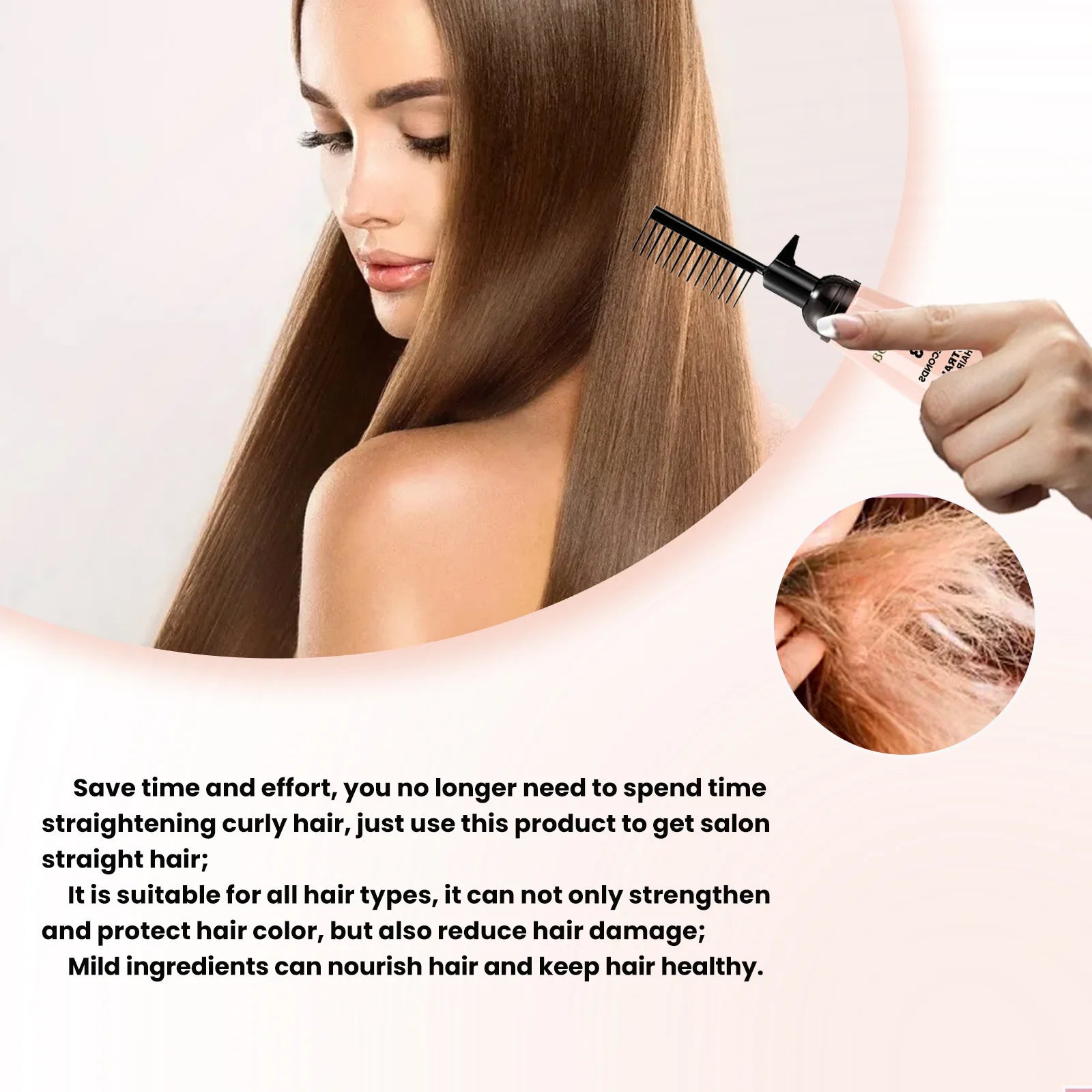 Hair straightening cream comb applicator on long brown hair, smoothing strands
