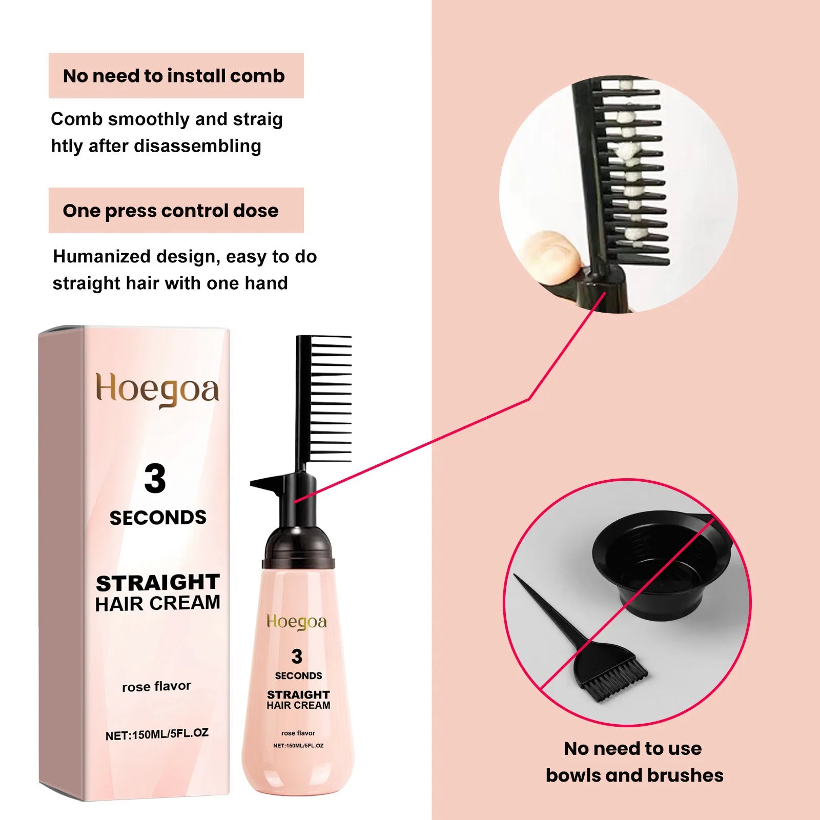 Hair straightening cream with built-in comb head, plus box packaging, rose flavor