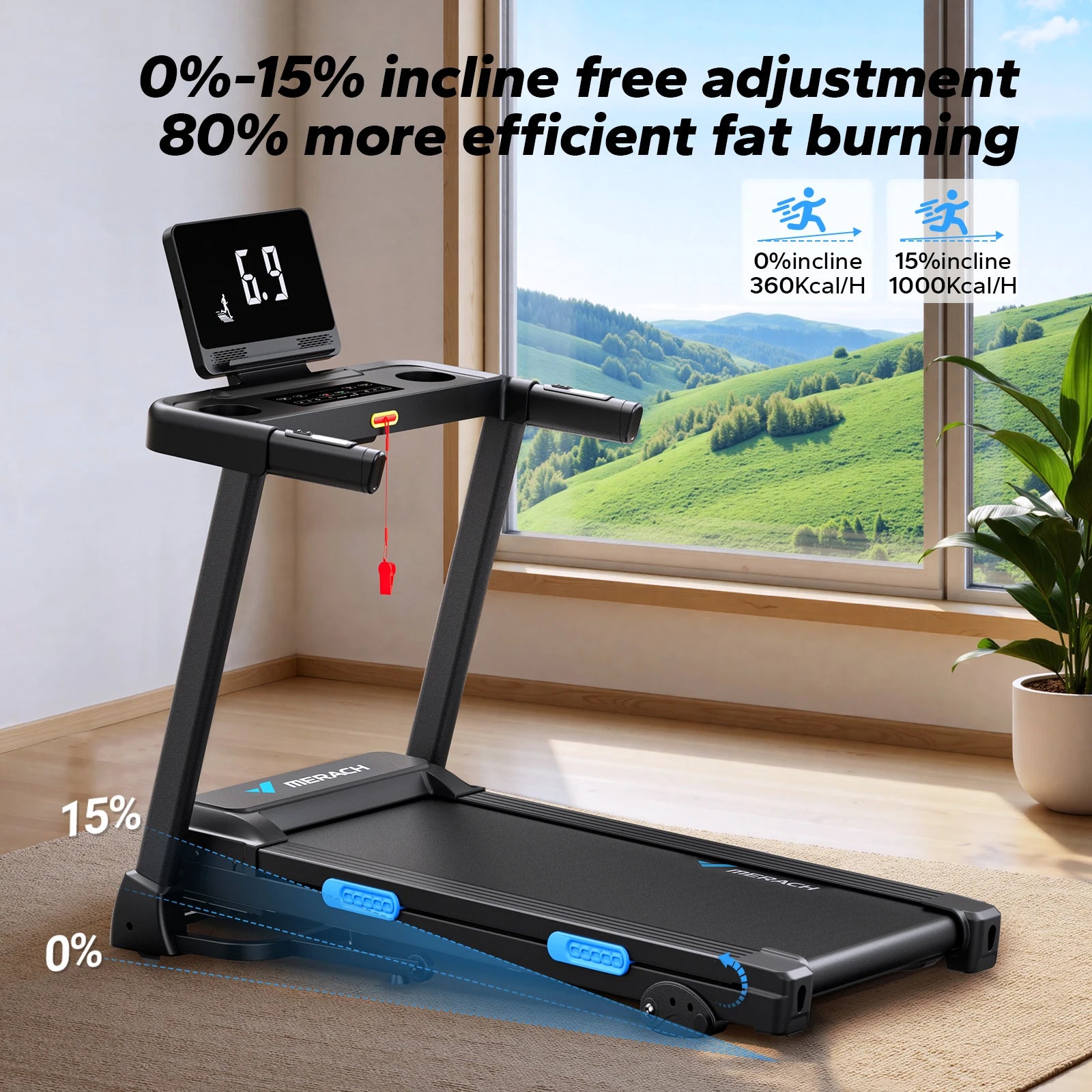 Foldable dark treadmill with adjustable incline deck and control console