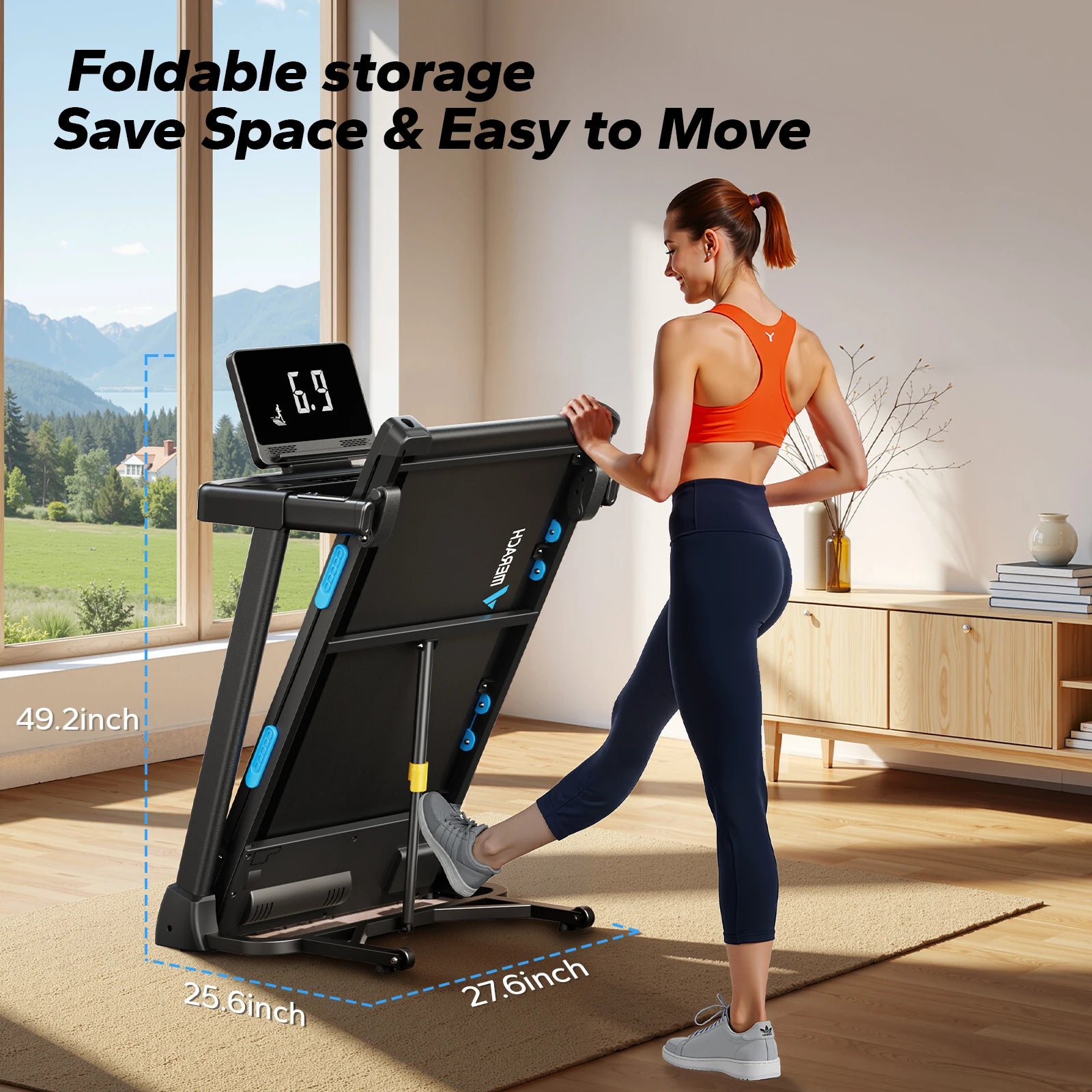 Foldable dark treadmill with upright storage frame and console display