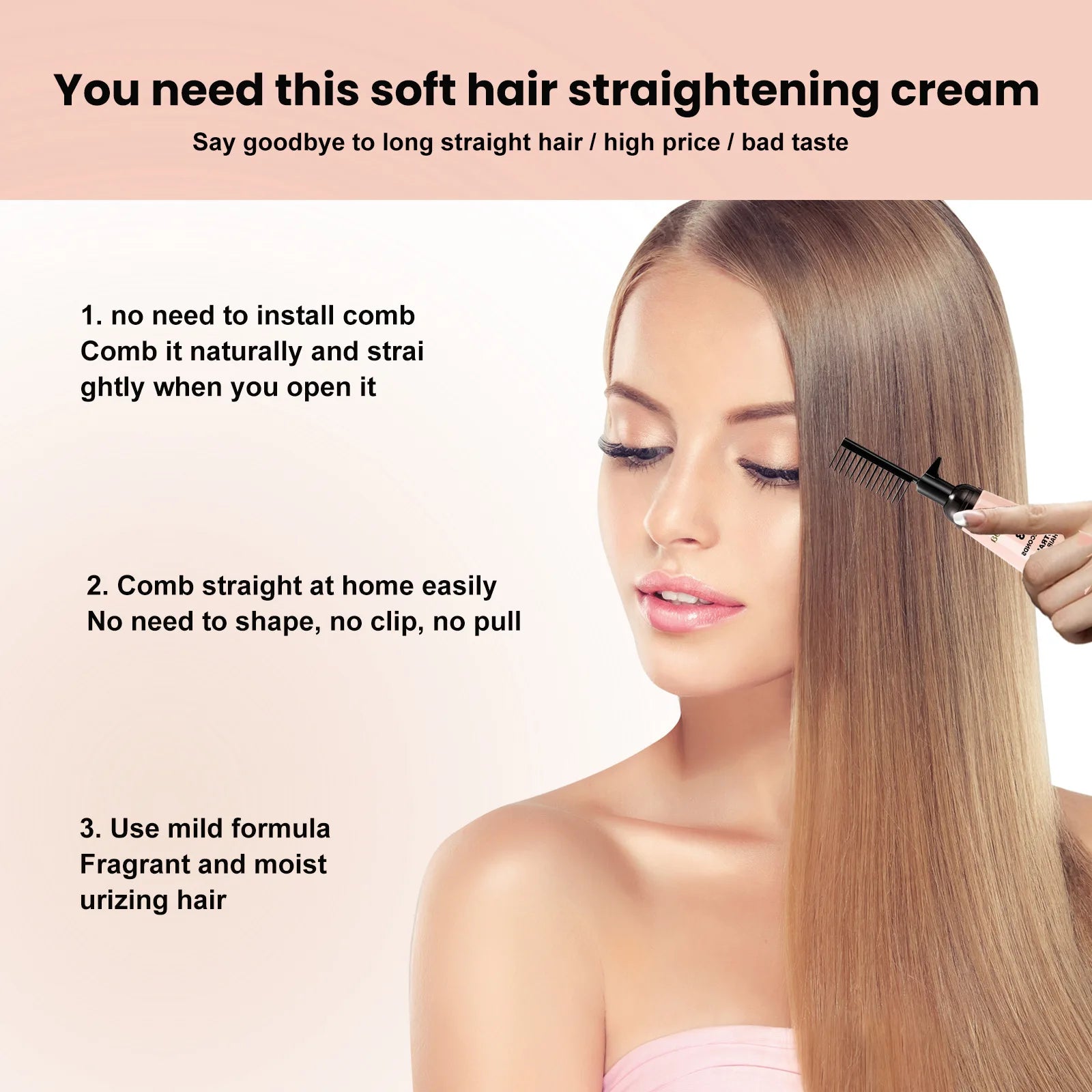Comb applicator applying soft hair straightening cream to long brown hair on model