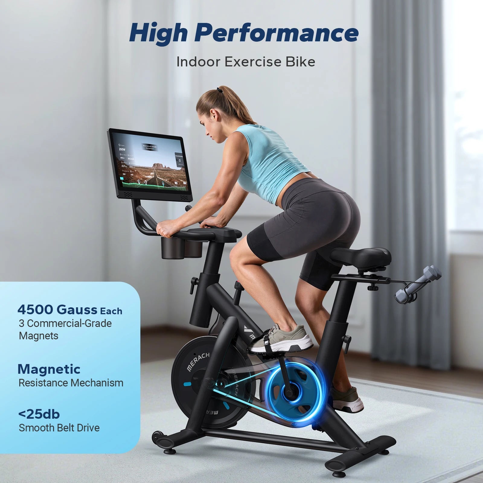 MERACH Exercise Bike with Exclusive App Ultra-Low Noise Indoor Bike 15.6 Inch HD Touchscreen