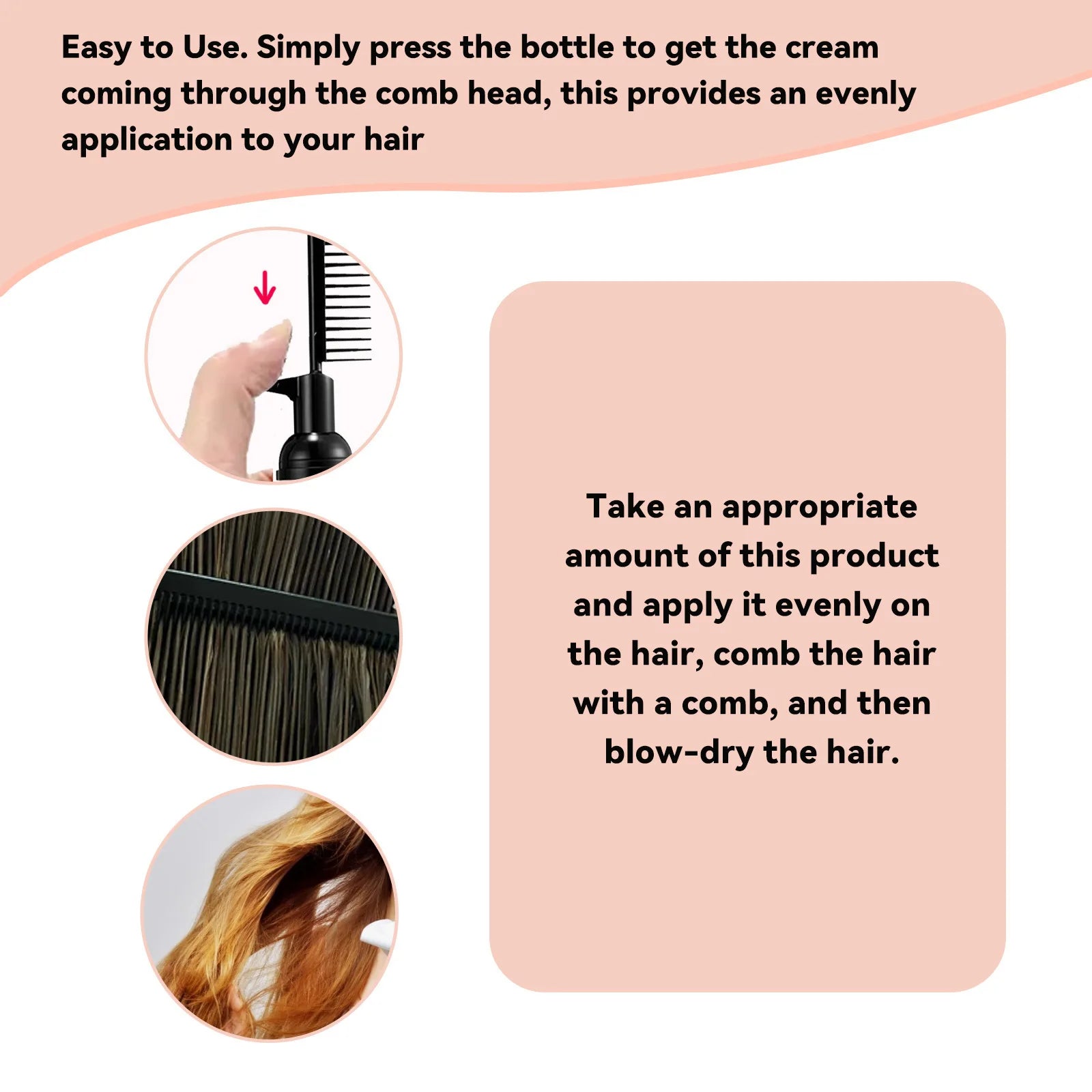 Comb-head hair straightening cream dispenser for even application, bottle and comb
