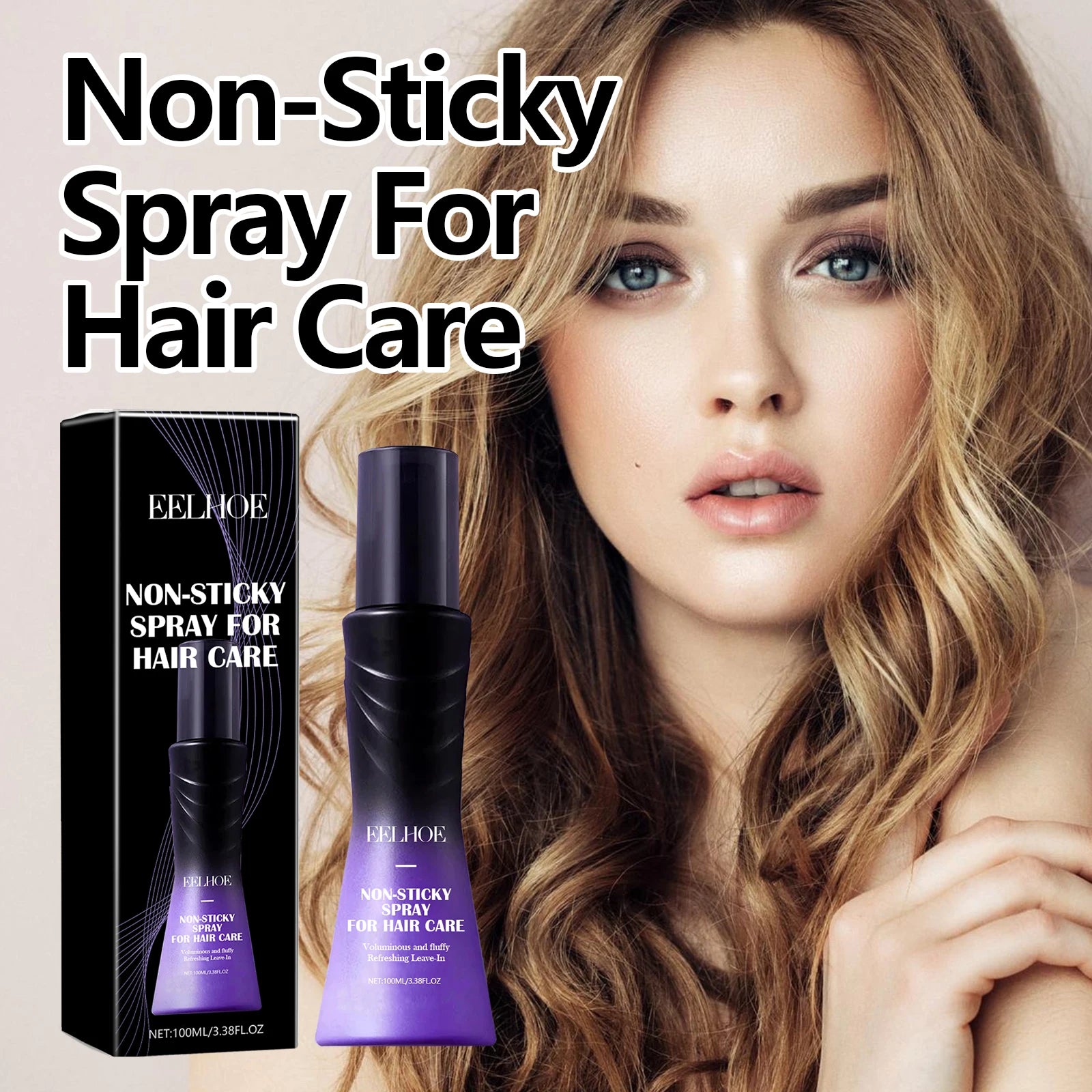 Non-Sticky spray for hair care by EELHOE in bottle and box with purple gradient packaging