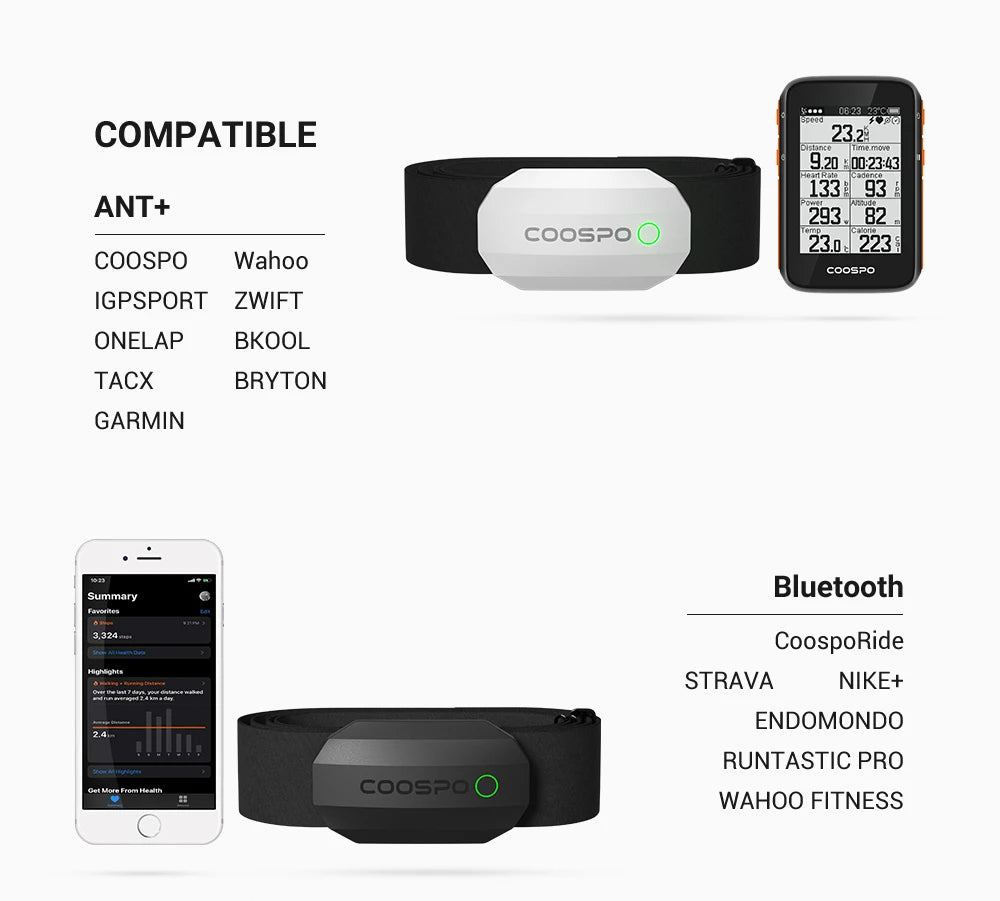 Black chest strap heart rate monitor with phone display for Bluetooth ANT+ pairing