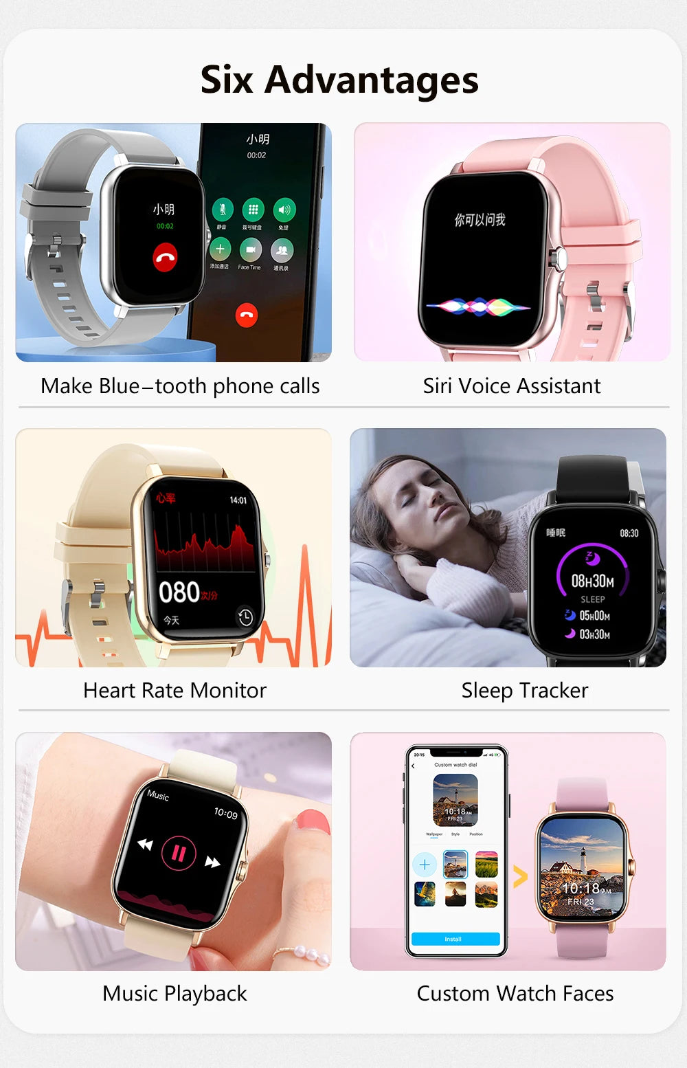 Smartwatch 1.4in OLED with 6 features: Bluetooth calling, Siri, HR monitor, sleep tracker, music, custom faces.