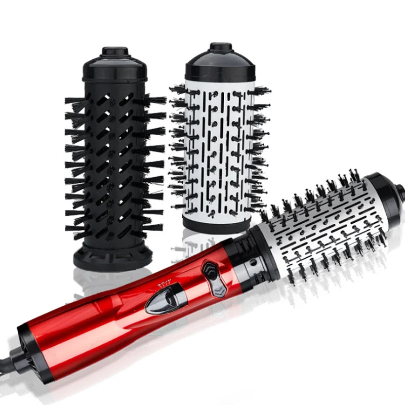 Red hair dryer brush with two interchangeable heated brush attachments