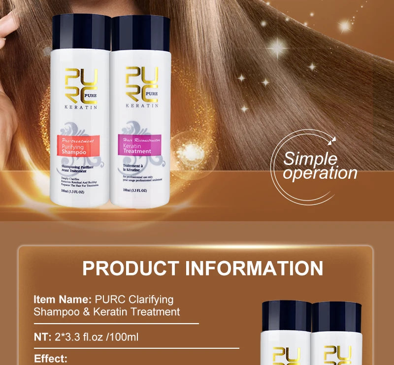 Two keratin treatment bottles held near a long hair strand, with sparkle accents.