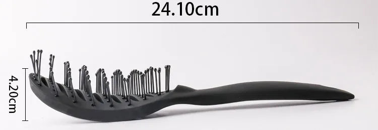 Black curved hair detangling brush with 9-row bristles, 24.10cm long, 4.20cm wide