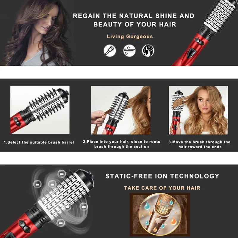 Red hot air brush with rotating bristles and detachable barrel attachments