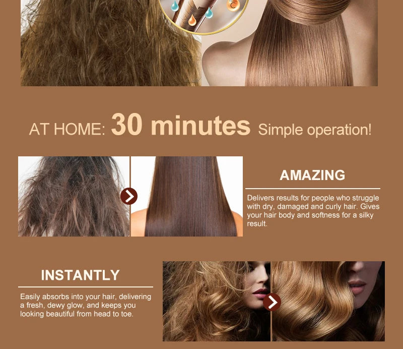 Keratin treatment infographic showing before hair texture and after smooth hair