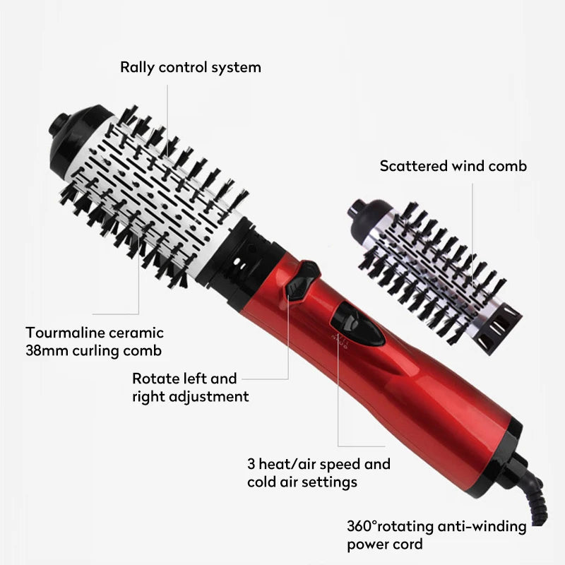 Red 360 rotating hot air brush with dual comb heads and adjustable air settings
