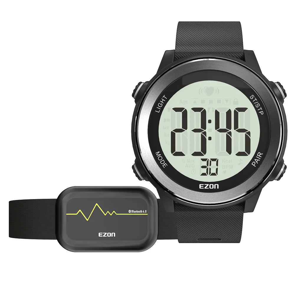 Sports heart rate monitor watch with black silicone strap and Bluetooth chest sensor