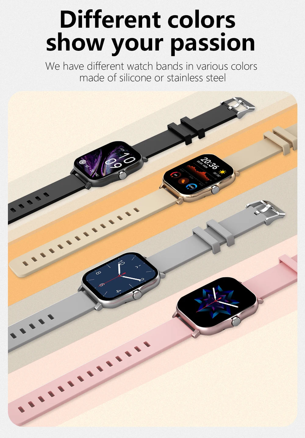 Multifunctional smart watch set of 4 by Cedar & Moore with 1.4-inch OLED and silicone bands (black, beige, gray, pink)
