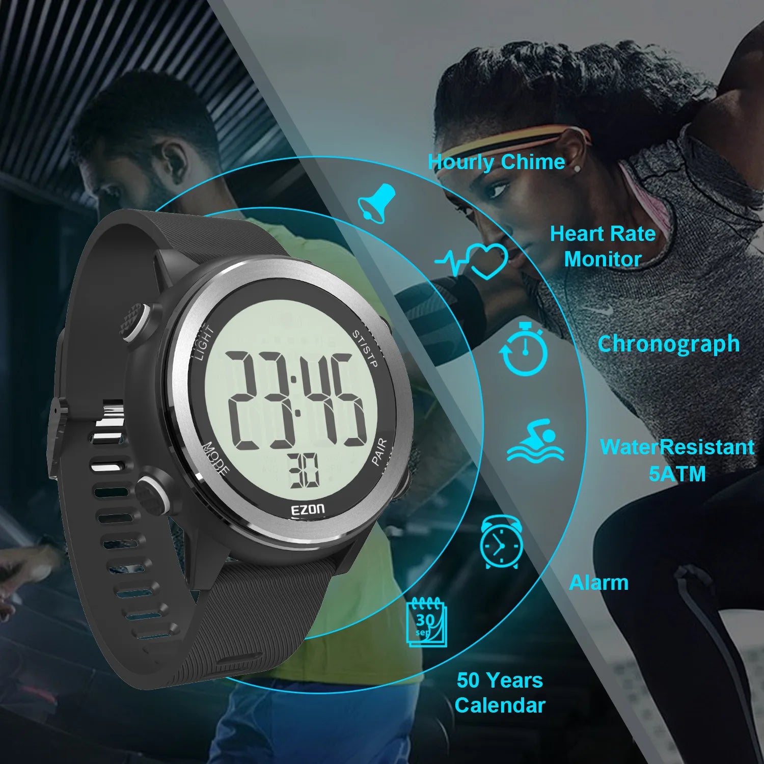 Sports heart rate monitor watch with digital display and heart-rate icons