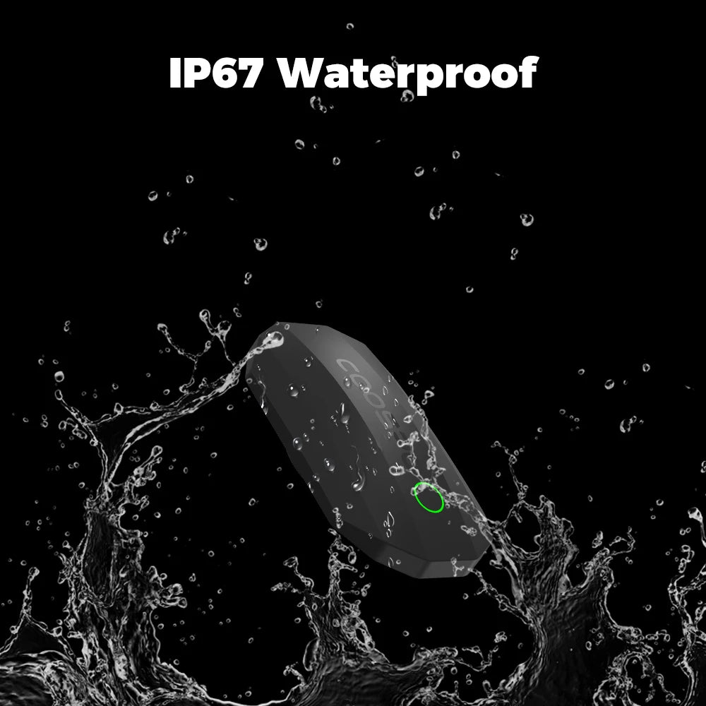 Black chest strap heart rate monitor with green light and water droplets