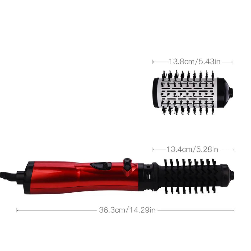Red hair dryer brush with round barrel brush head and length guide view