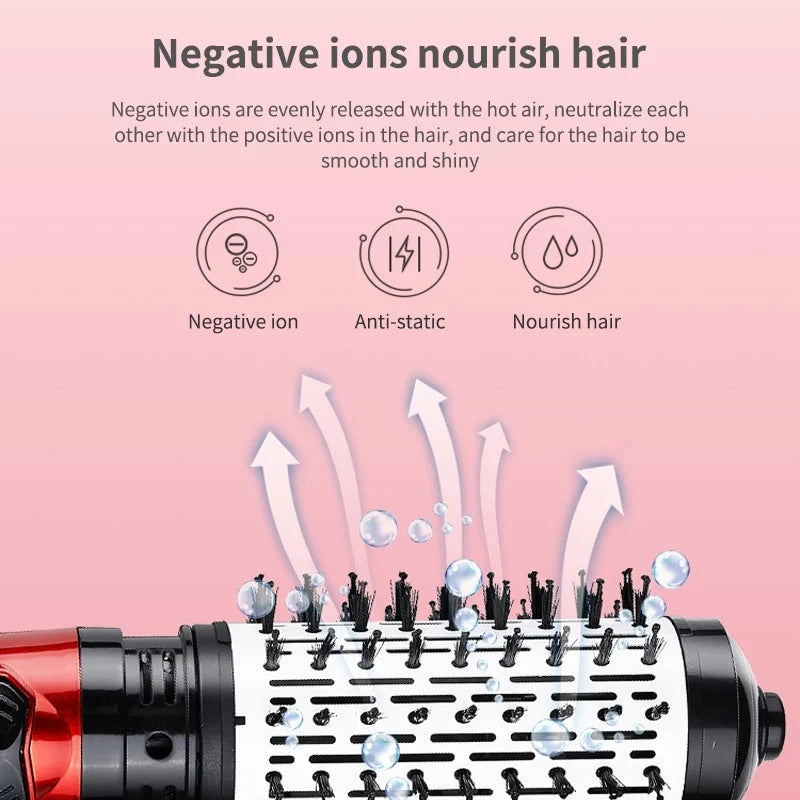 Red and black hot air hair dryer brush with rotating bristle barrel
