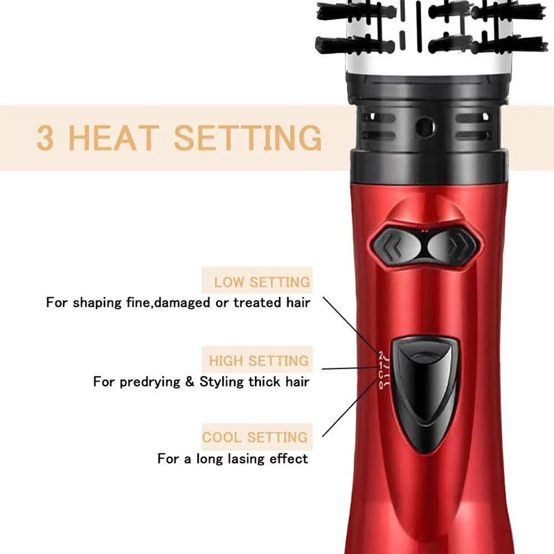 Red hair dryer brush handle with control buttons and heat setting indicators