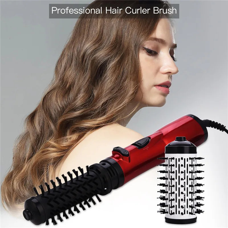 Red hot air curling brush styling hair with rotating round bristles