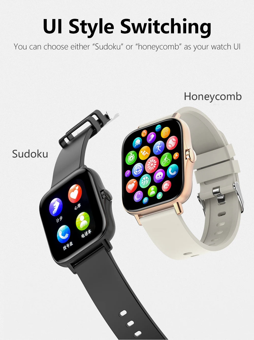 Two smart watches with square OLED screens, black and beige straps, displaying Sudoku and Honeycomb UI styles.