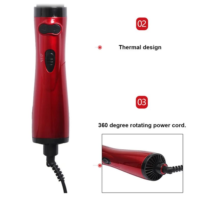 Red hair dryer brush with power cord and front control panel close-up