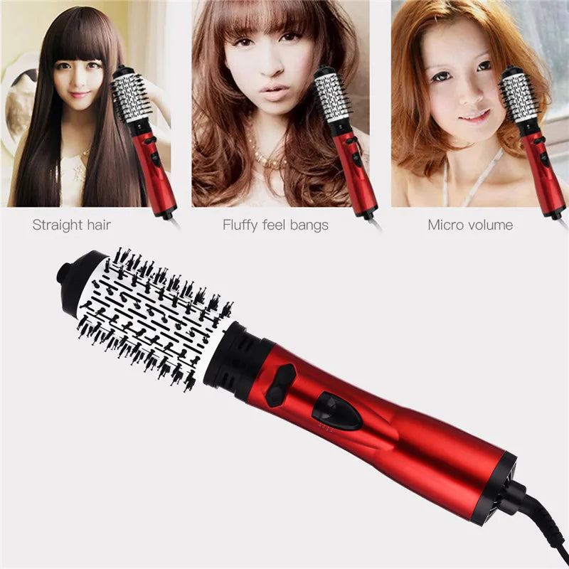 Red rotating hot air hair brush with round curling bristles for straight and volume