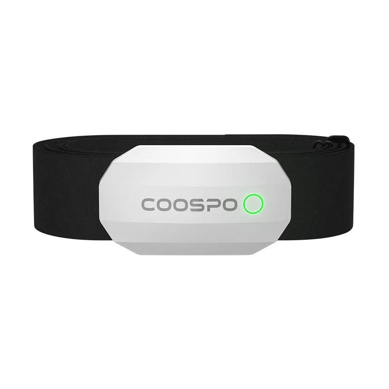 Black chest strap with white sensor module and green indicator ring