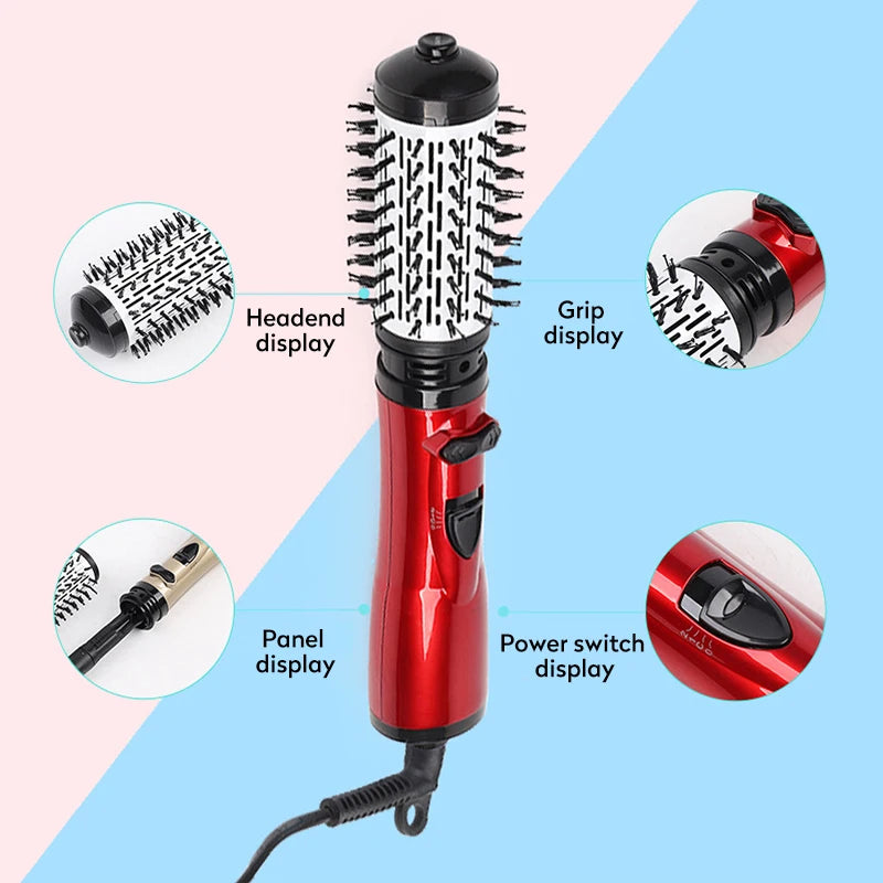 Red rotating hot air hair brush dryer with interchangeable brush head and control switches