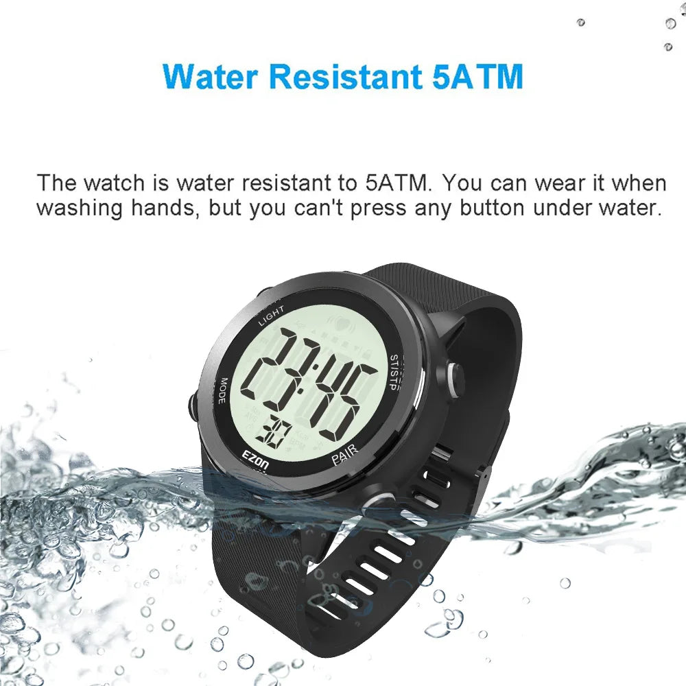 Water-resistant sports heart rate monitor watch with black silicone strap