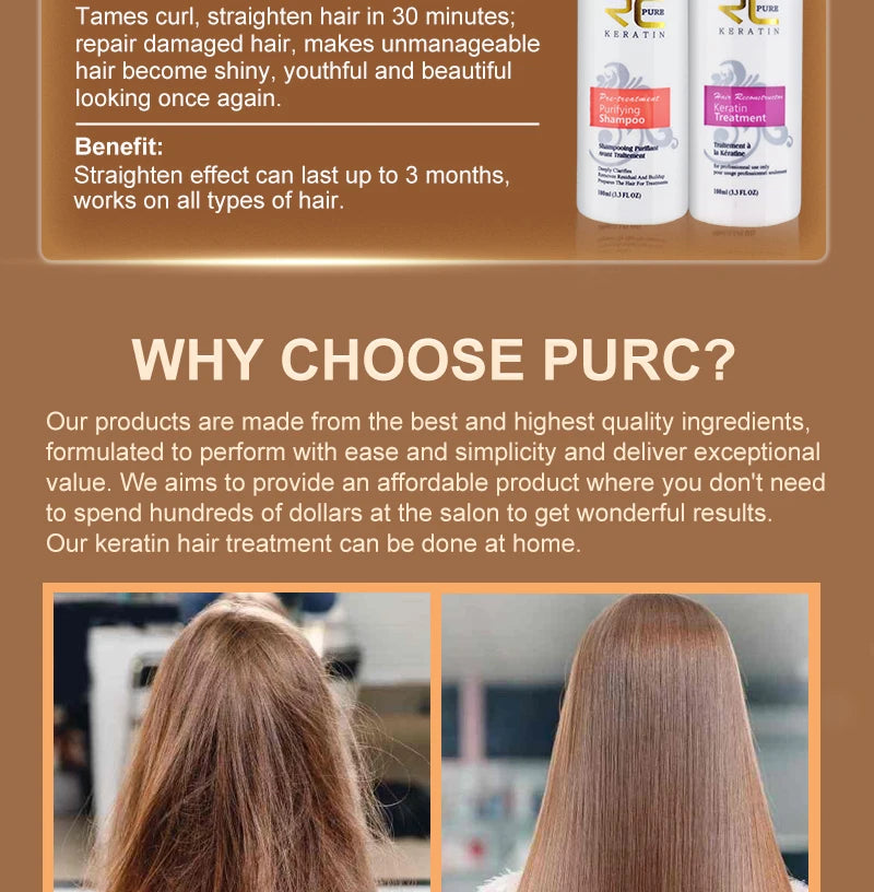 “Why choose” banner with product bottles and two hair comparison photos.