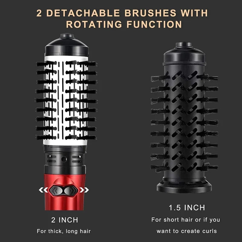 Red hot air brush with two detachable rotating brush heads, 1.5 and 2 inch