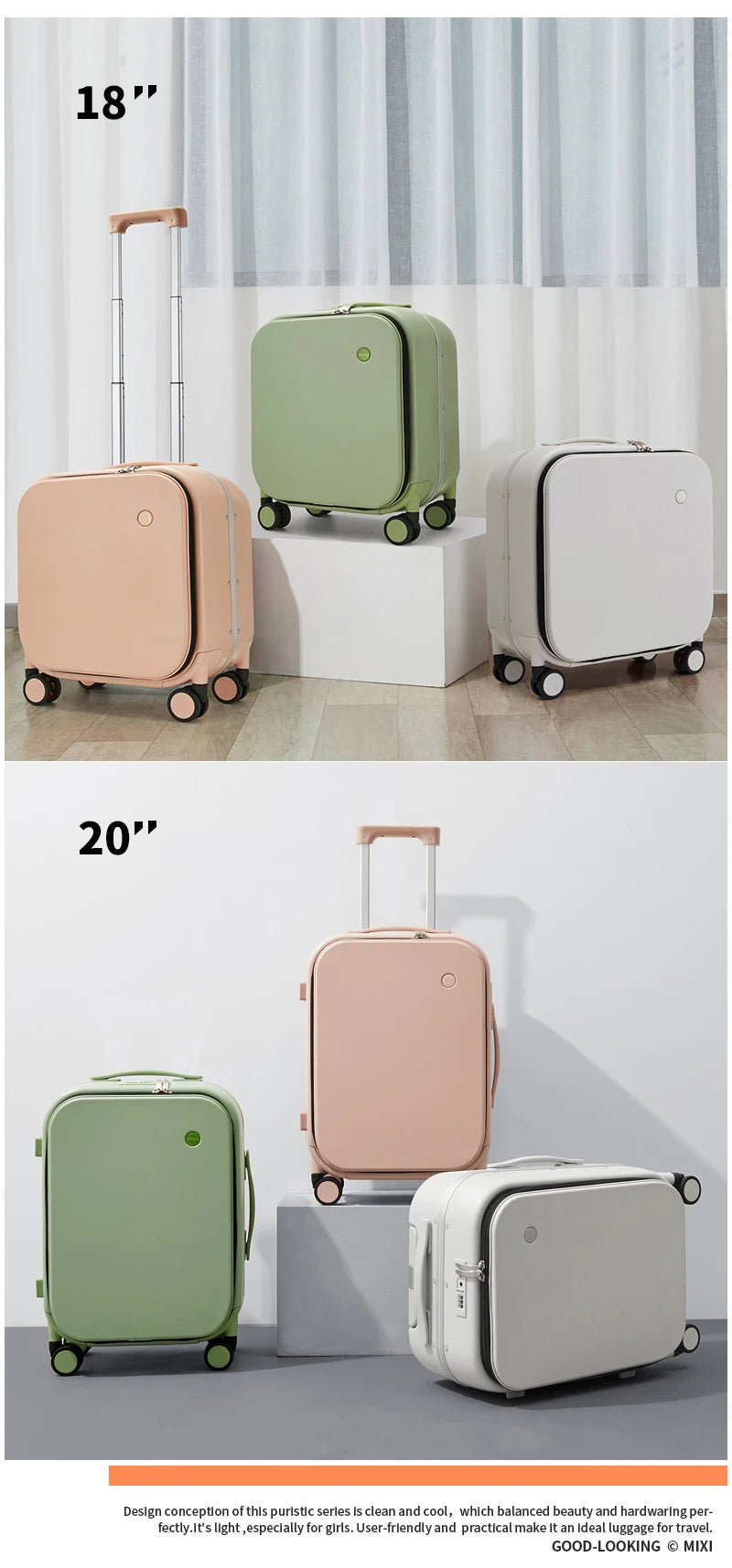 Mixi Aluminum Frame Carry-On Suitcase - 18/20/24 Inch Rolling Luggage with Hollow Wheel Design