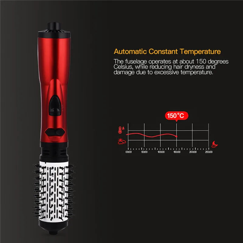 Red hot air hair curler with round bristle brush head and temperature indicator