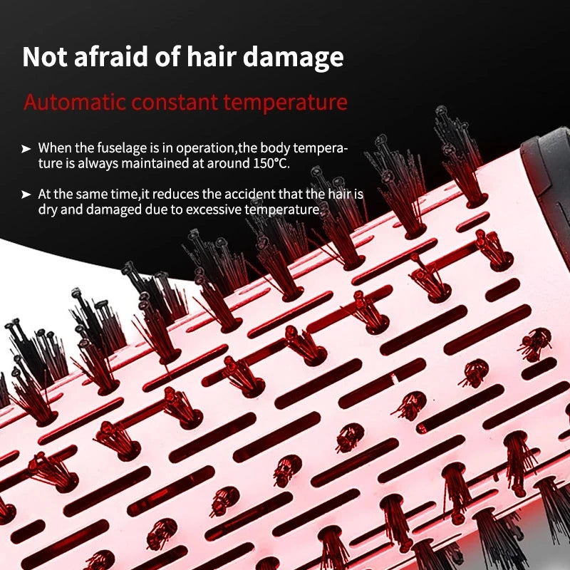 Red hot air hair dryer brush with rotating bristle barrel and heat control