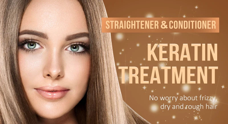 Woman with straight hair beside keratin treatment promotional layout.
