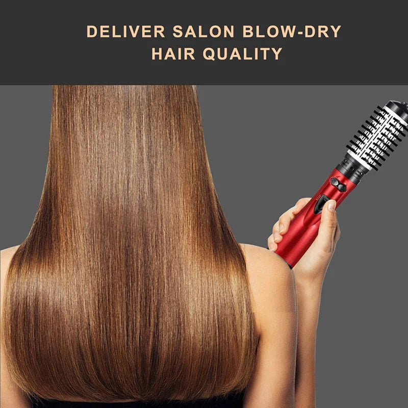 Red hot air hair dryer brush with rotating bristle barrel for smoothing