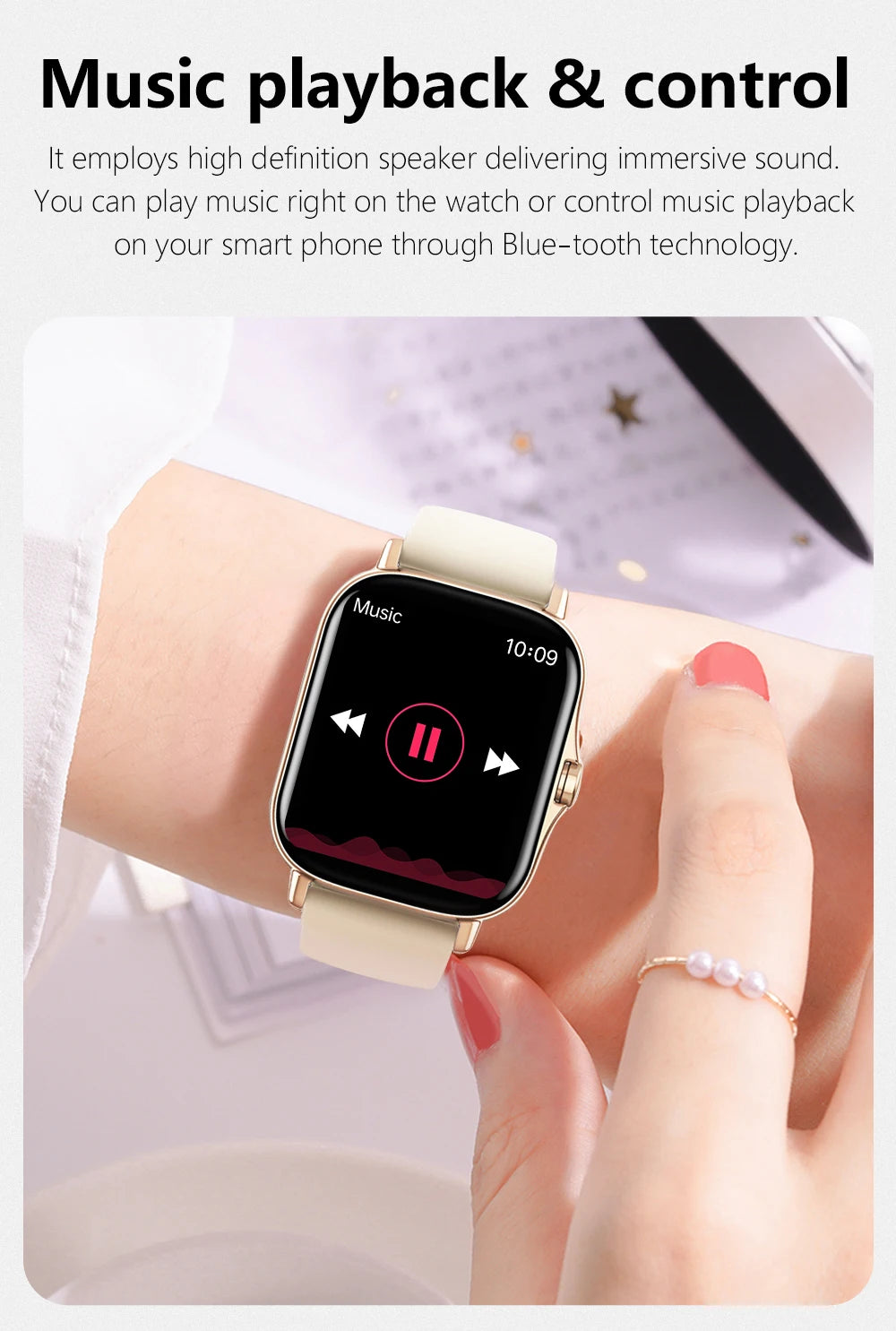 Cedar & Moore smart watch with gold-tone case and beige band, 1.4-inch OLED display.