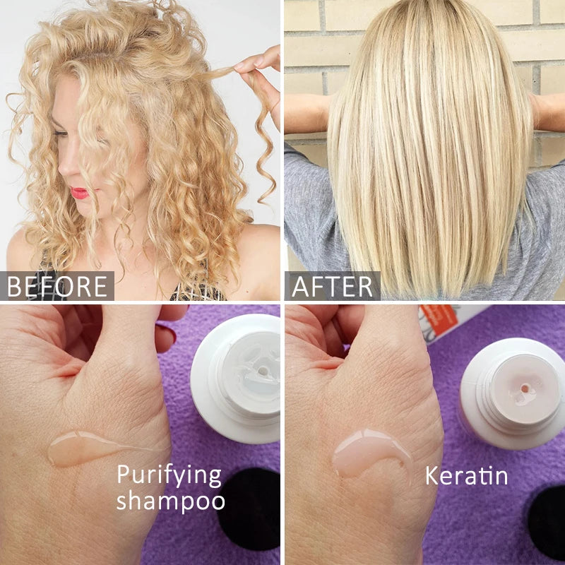 Hair before-and-after split with close-up bottle label and hand application shots.