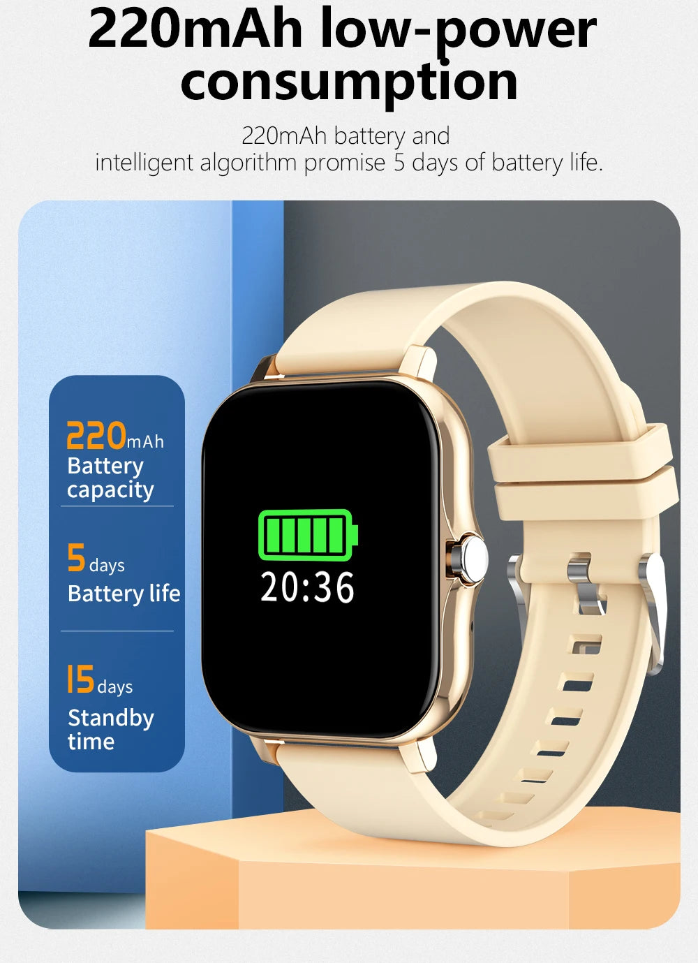 Cedar & Moore smart watch with 1.4in OLED display, gold case and beige strap.