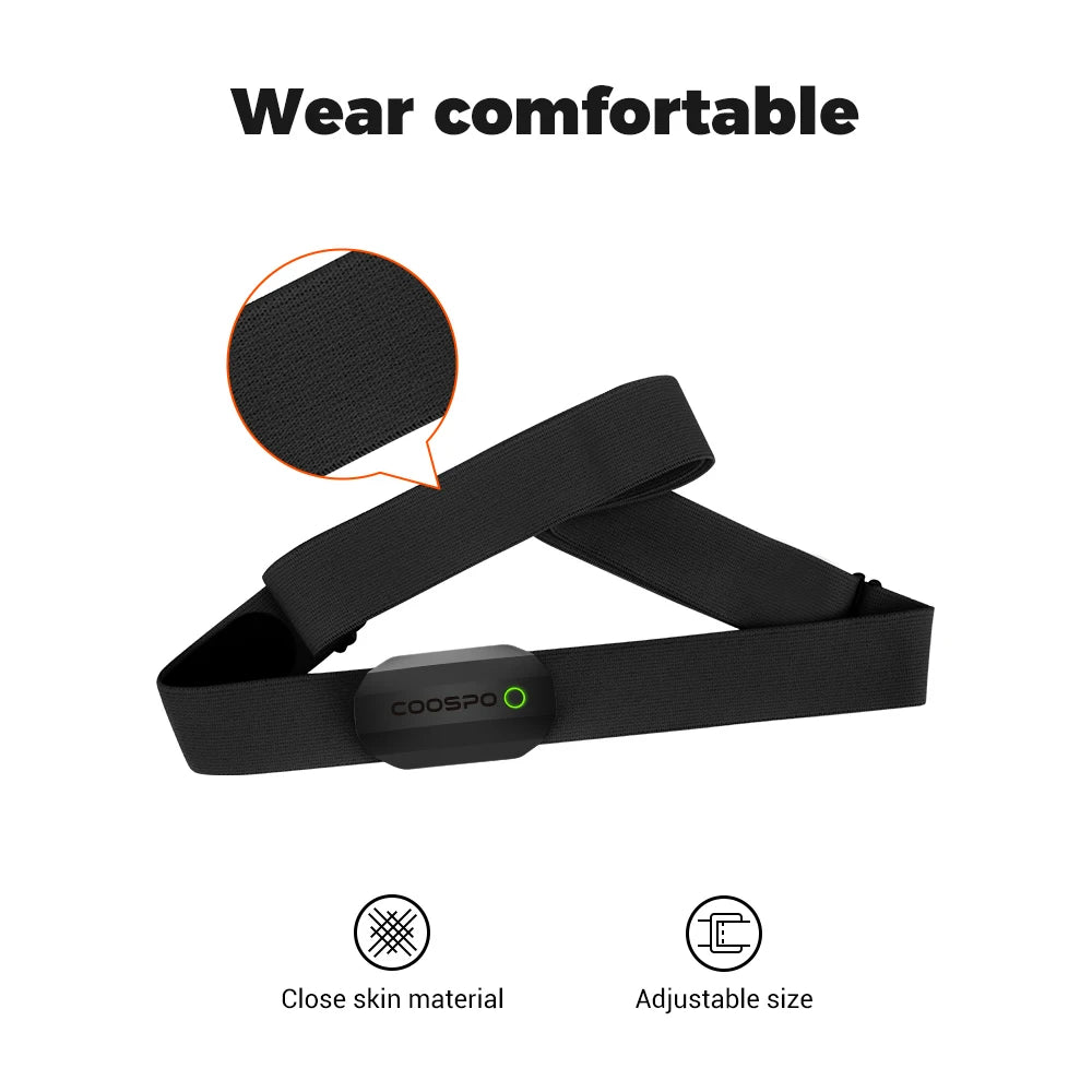 Black chest strap heart rate monitor with comfortable close-skin fabric strap