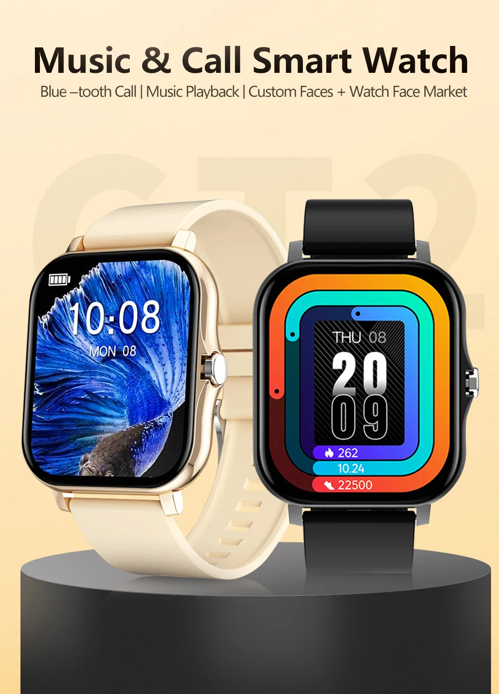 Cedar & Moore smart watches, 2 units with beige-gold and black bands, 1.4 in OLED displays