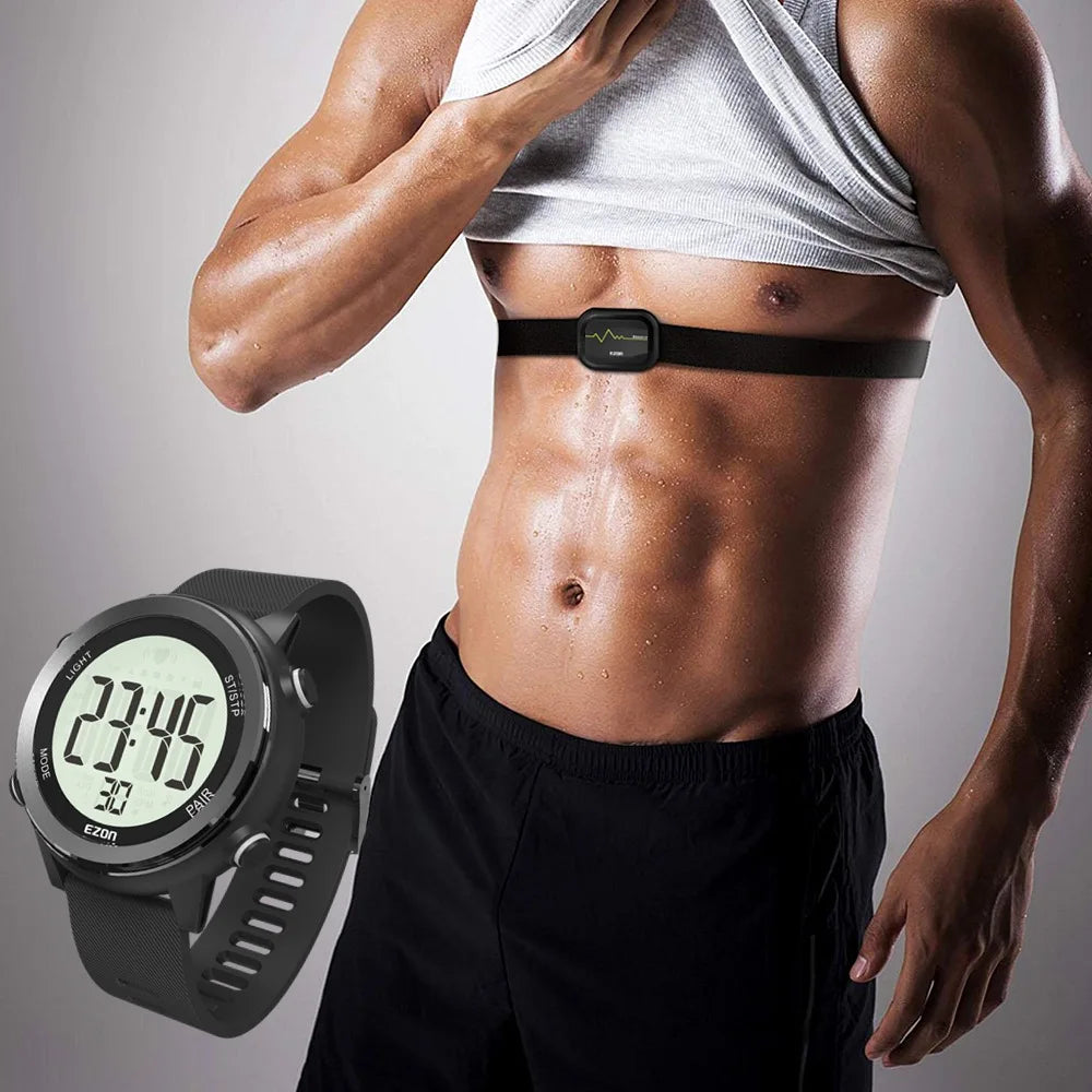 Heart rate monitor watch on wrist with chest strap sensor