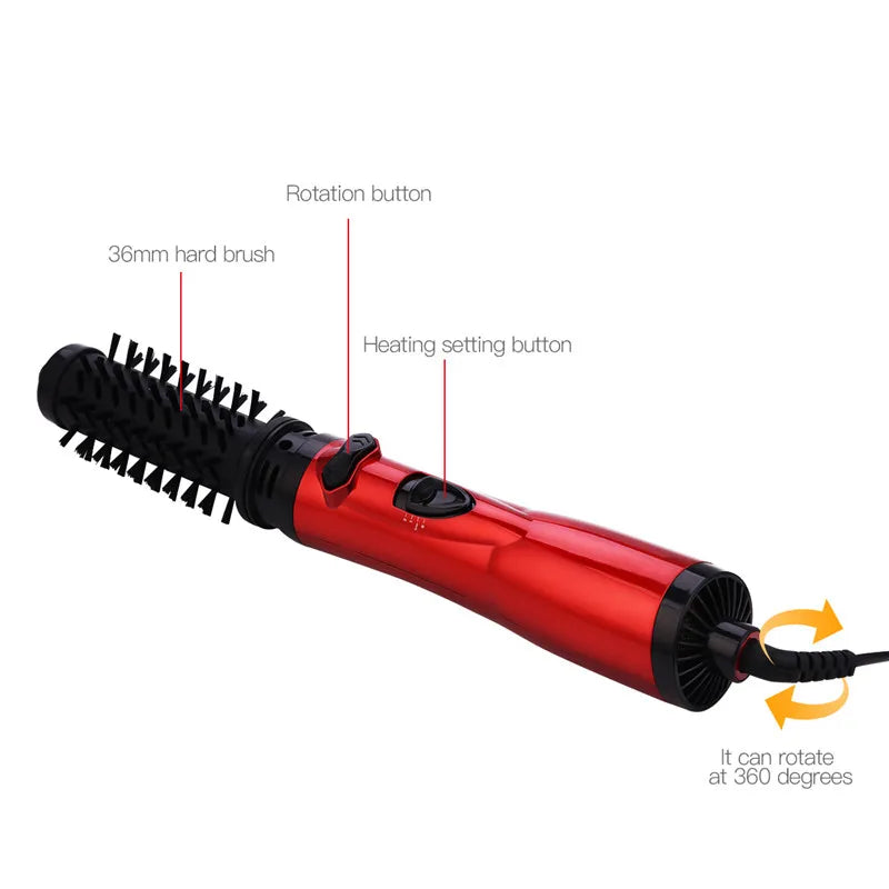 Red hot air brush with heating and rotation buttons, shown on the rotating barrel