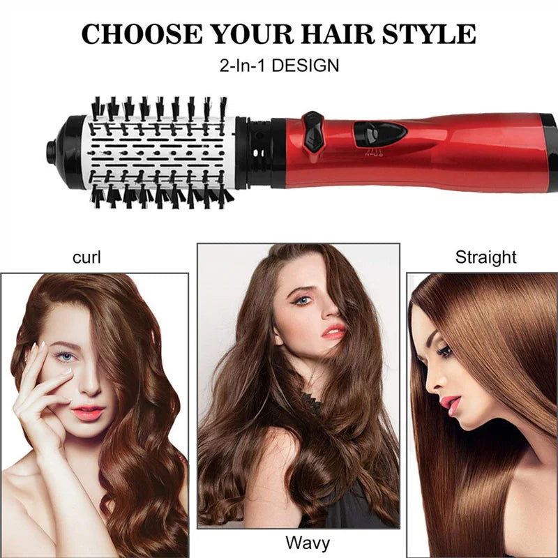 Red hair dryer brush with interchangeable styling heads and hair texture comparison