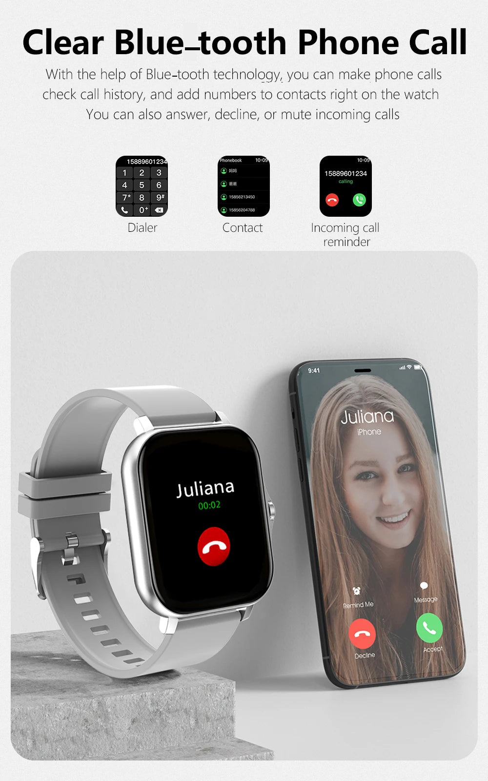 Cedar & Moore smart watch with 1.4-inch OLED display and gray strap, shown beside an iPhone displaying a call screen