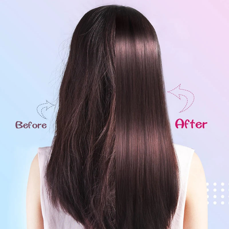 Sleek straight hair styled with a hot air curling brush and rotating bristles