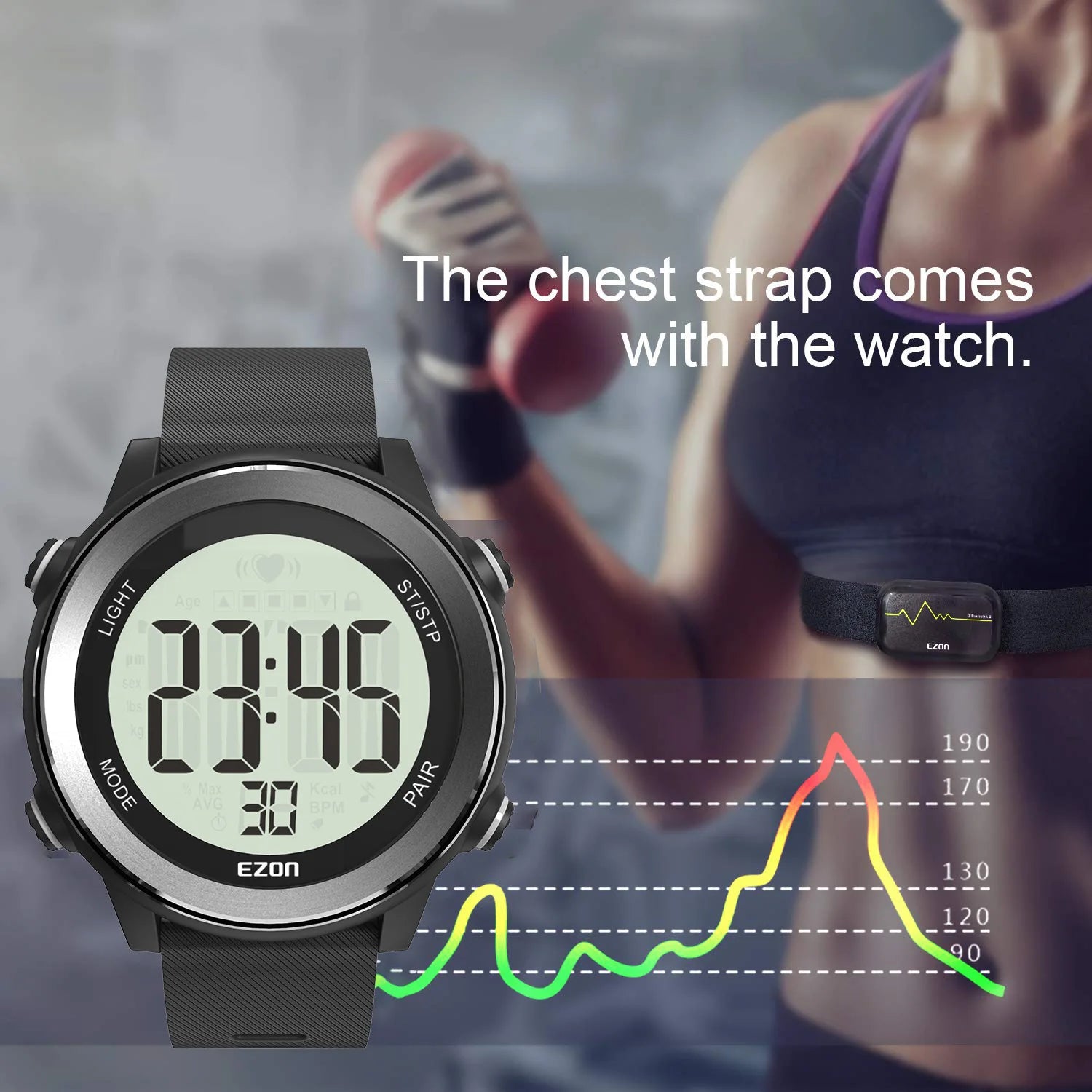 Heart rate monitor watch with black strap and Bluetooth chest strap sensor