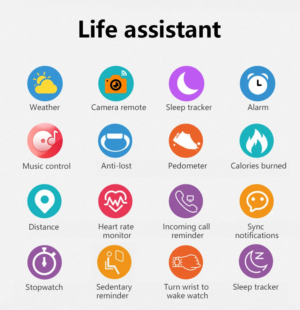 Cedar & Moore smart watch life assistant: 16 feature icons including weather, camera remote, sleep tracker and alarm